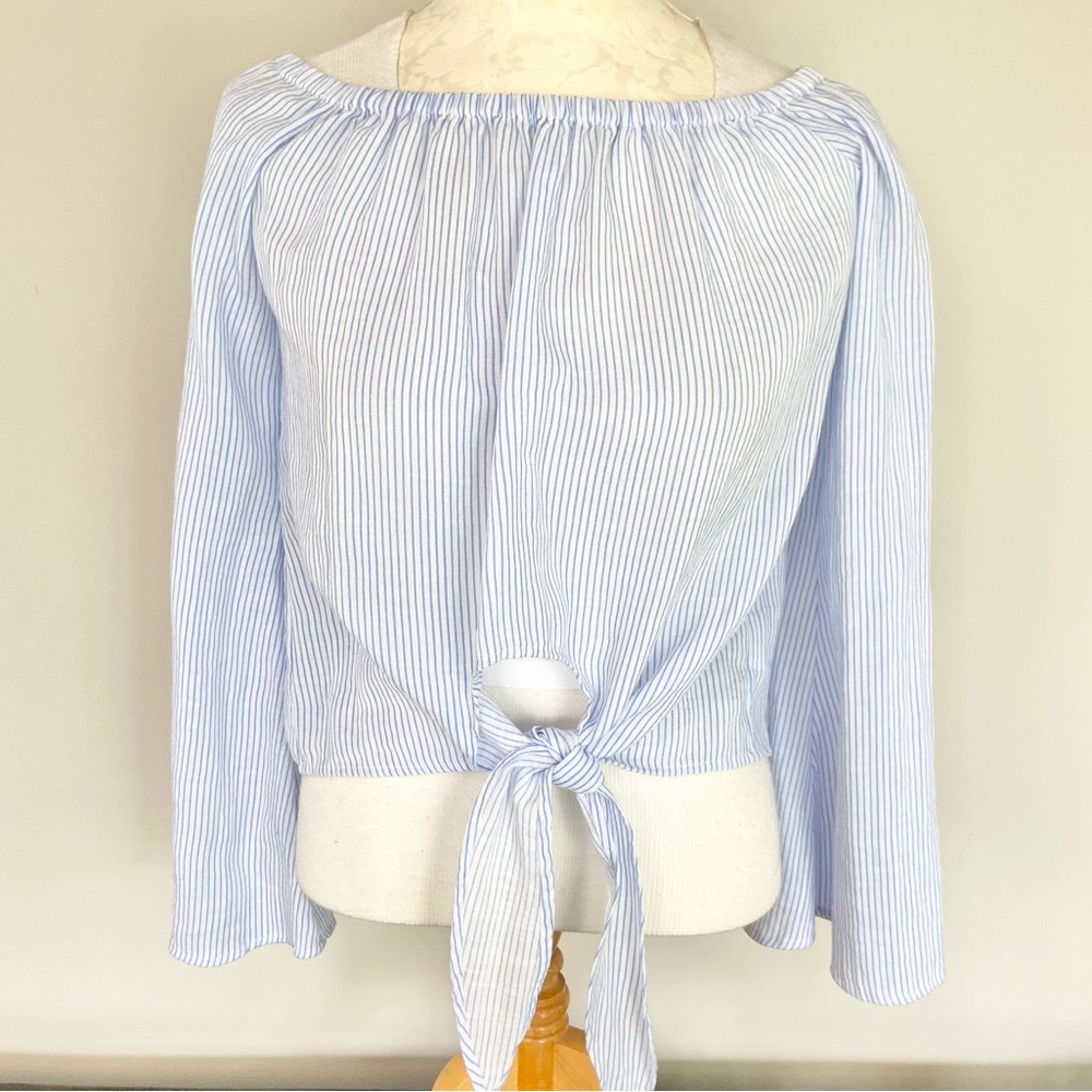 L'academie REVOLVE Blue White Pinstripe Off Shoulder Top Cropped Front Tie Small